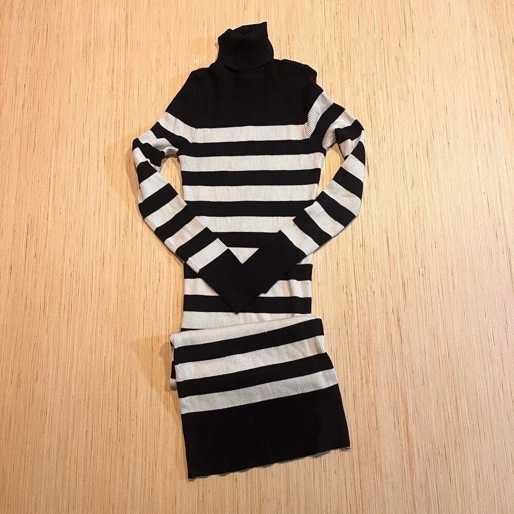 Striped Turtleneck Sweater Dress by PrettyGuide Black White Size L